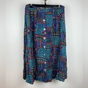 Vintage Balaban Abstract Geometric Button Down Midi Skirt - Blue Purple Teal